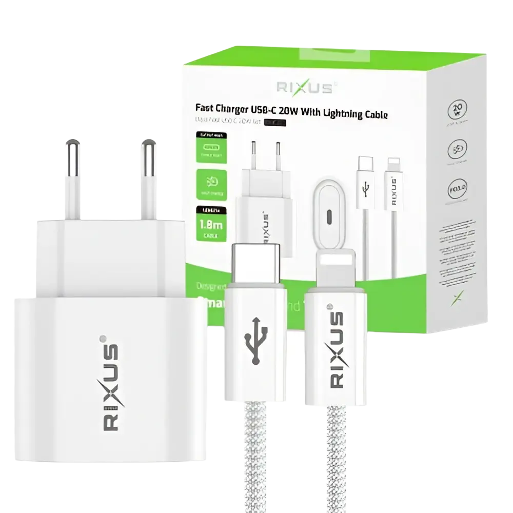 Rixus RXHC20L Fast Charger met USB-C naar Lightning Kabel 1.8m – 20W Wit - Bundel Oplader