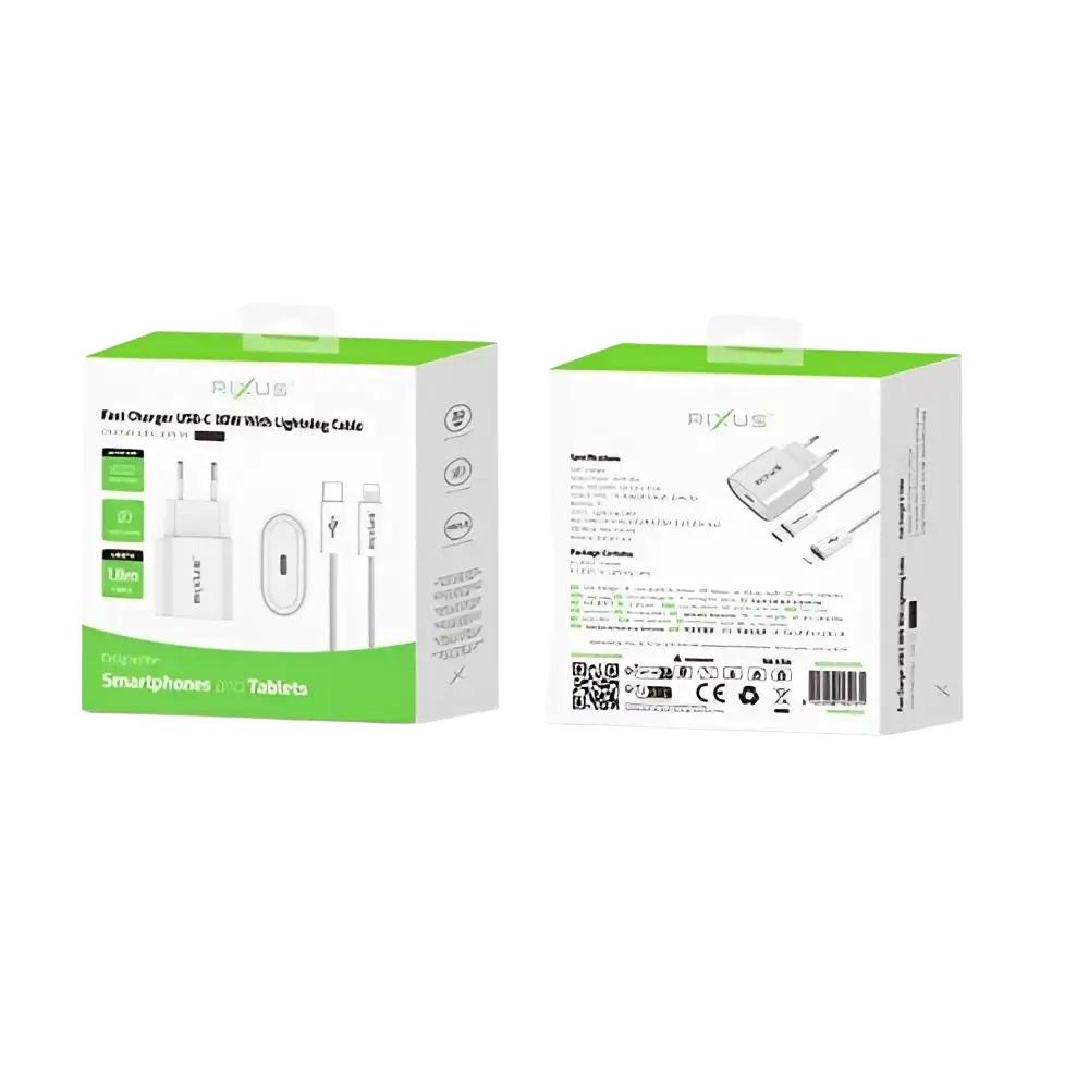 Rixus RXHC30L Fast Charger met USB-C naar Lightning Kabel 1.8m – 30W Wit - Bundel Oplader