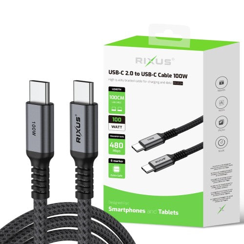 Rixus RXUC04 USB-C 2.0 naar USB-C kabel 1 meter 100W met verpakking