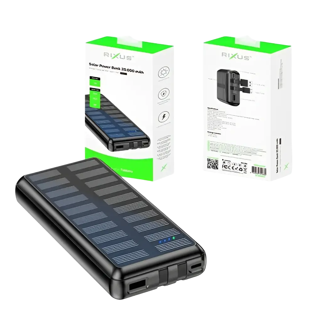 Rixus Solar Powerbank 20.000 mAh met ingebouwde kabels – Zwart RXPB47
