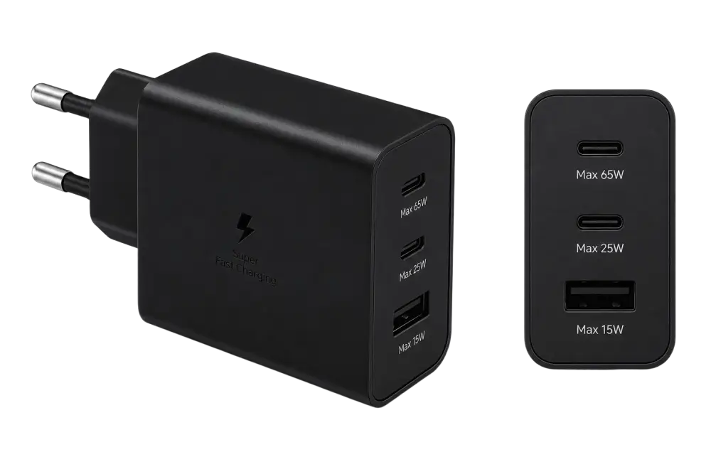 Samsung 65W dual USB-C laadadapter met 2x USB-C en 1x USB-A poort in zwart.