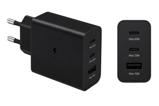 Samsung 65W Power Adapter Trio – 2x USB-C & 1x USB-A Super Fast Charger – Schwarz (Retail)