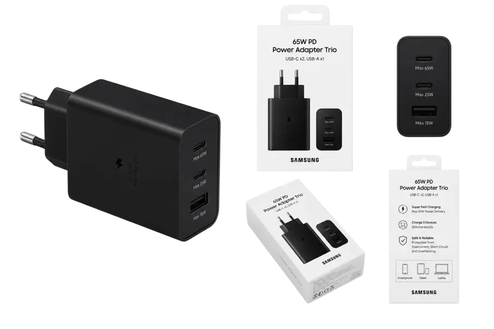 Samsung 65W Power Adapter Trio – 2x USB-C & 1x USB-A Super Fast Charger Zwart (Retail)
