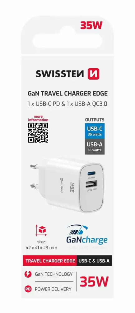 Snellader USB-C en USB-A: Swissten Edge Reisoplader 35W met GaN Technologie