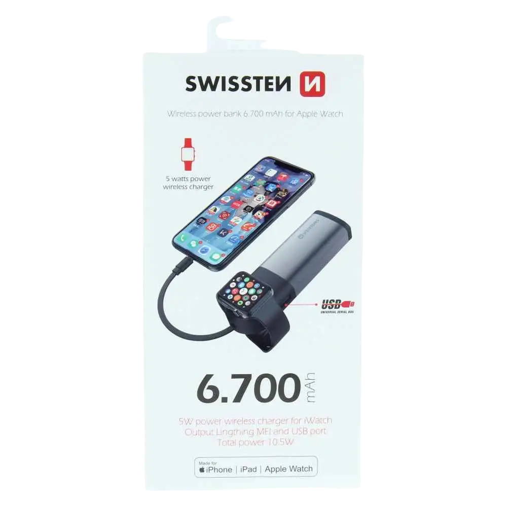Swissten Draadloze Powerbank 2-in-1 – 6.700 mAh met draadloze laadfunctie en 10,5W vermogen.