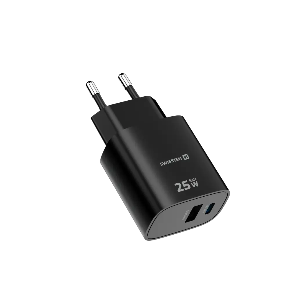 Swissten Edge 25W GaN oplader in zwart met USB-C en USB-A poorten.