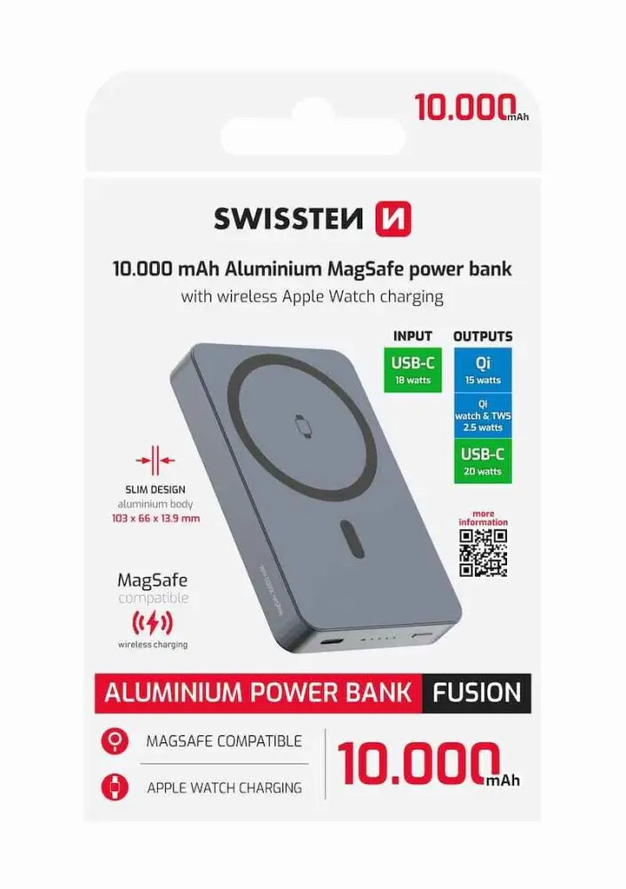 Swissten Fusion MagSafe Powerbank 10.000 mAh – Stijlvolle Zilveren Oplader voor Jouw Smartphone