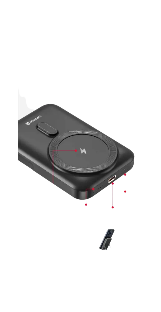 Swissten MagSafe powerbank 10000 mAh met USB-C-aansluiting en geïntegreerde standaard voor draadloos opladen.