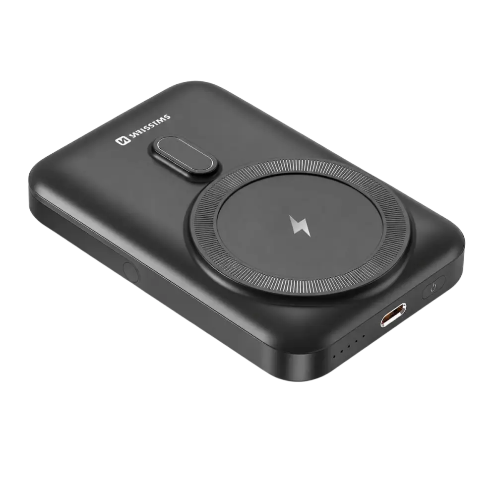Swissten MagSafe powerbank 10000 mAh met USB-C aansluiting en geïntegreerde standaard in zwart.