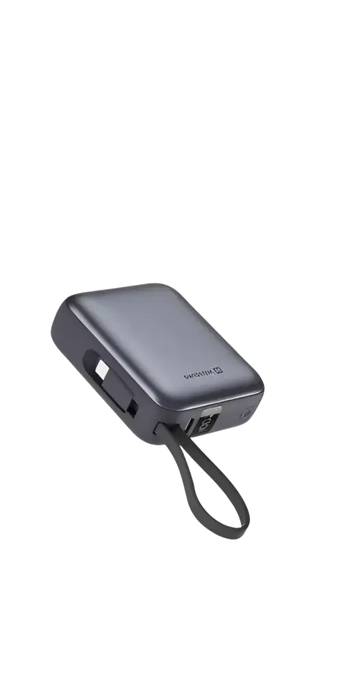 Swissten powerbank 10.000 mAh met USB-C en Lightning kabel, zilver, compact ontwerp voor onderweg.