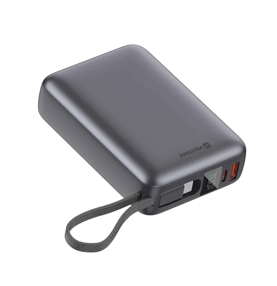 Swissten 20000 mAh powerbank met USB-C, zilver, compact ontwerp, ingebouwde kabel en 45W snelladen.