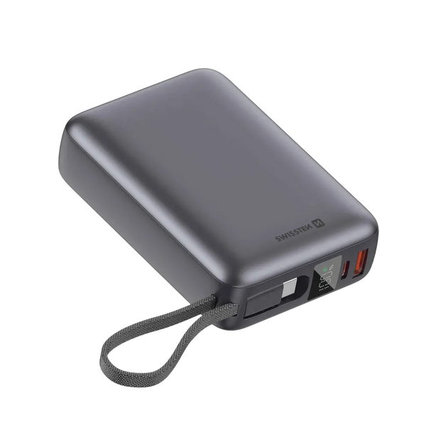 Swissten Powerbank 20.000 mAh – 45W Ingebouwde USB-C kabel Zilver