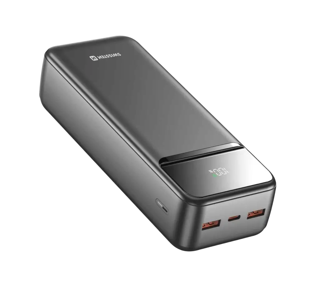 Swissten Powerline II powerbank 30000 mAh zwart met dual USB-poorten voor opladen onderweg.