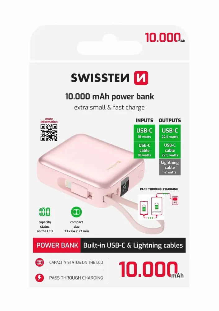 Swissten Space Powerbank Roze - Stijlvolle 10.000 mAh met Ingebouwde USB-C & Lightning Kabels