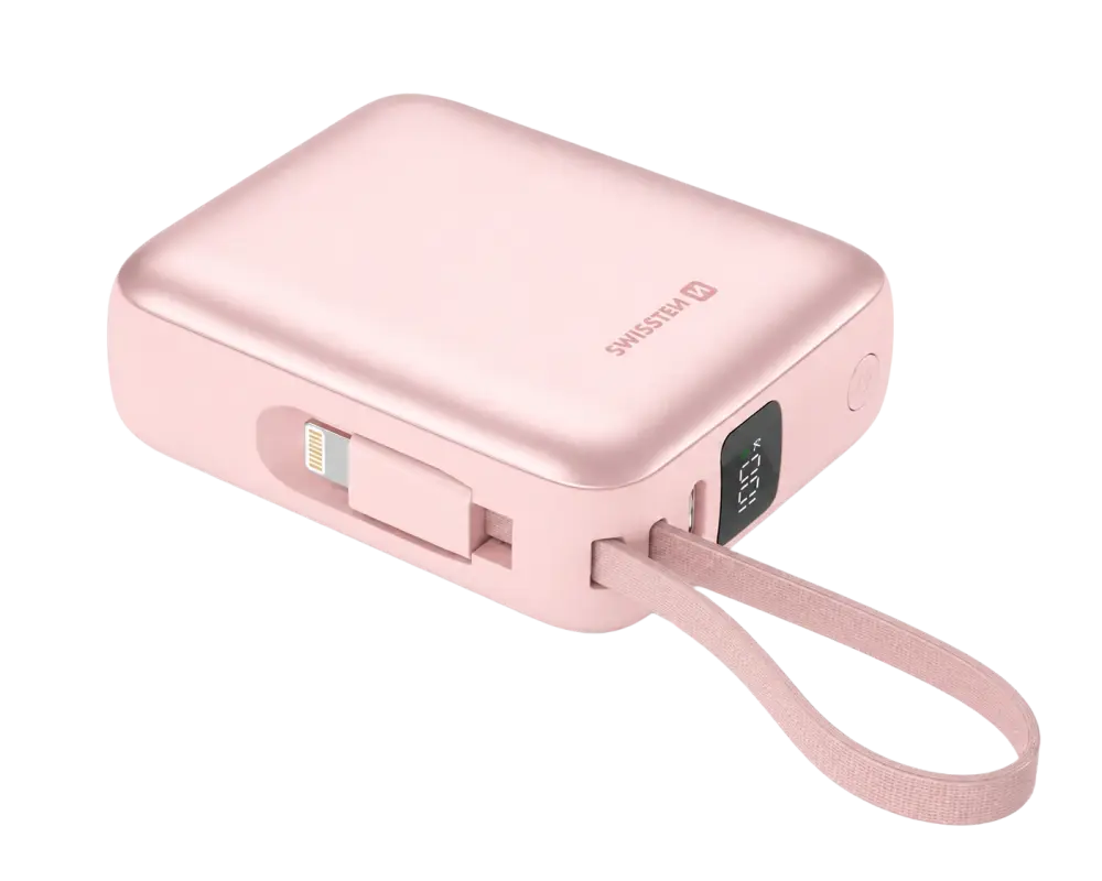 Roze powerbank 10000 mAh USB-C Lightning met oplaadkabel en draagriem.