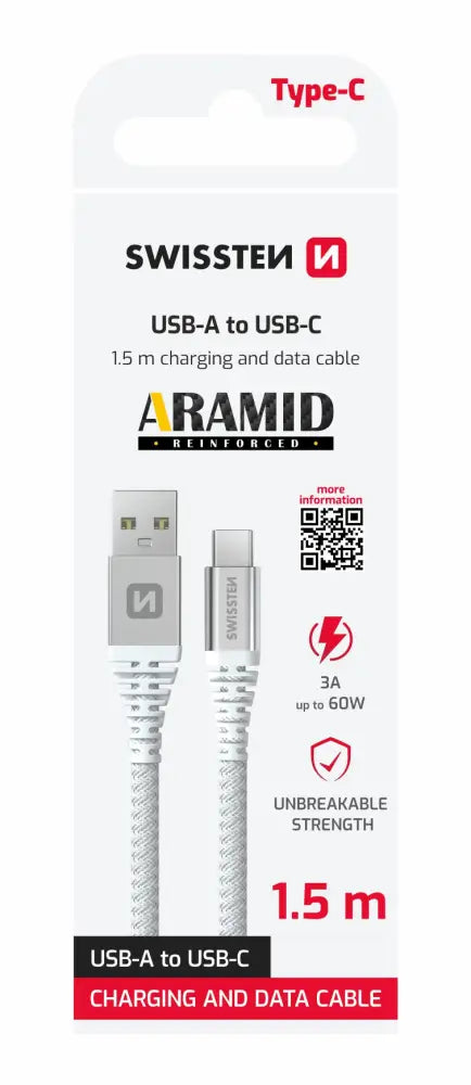 Swissten USB-A naar USB-C kabel – 1,5 Meter Aramideversterkt voor Duurzaam Opladen