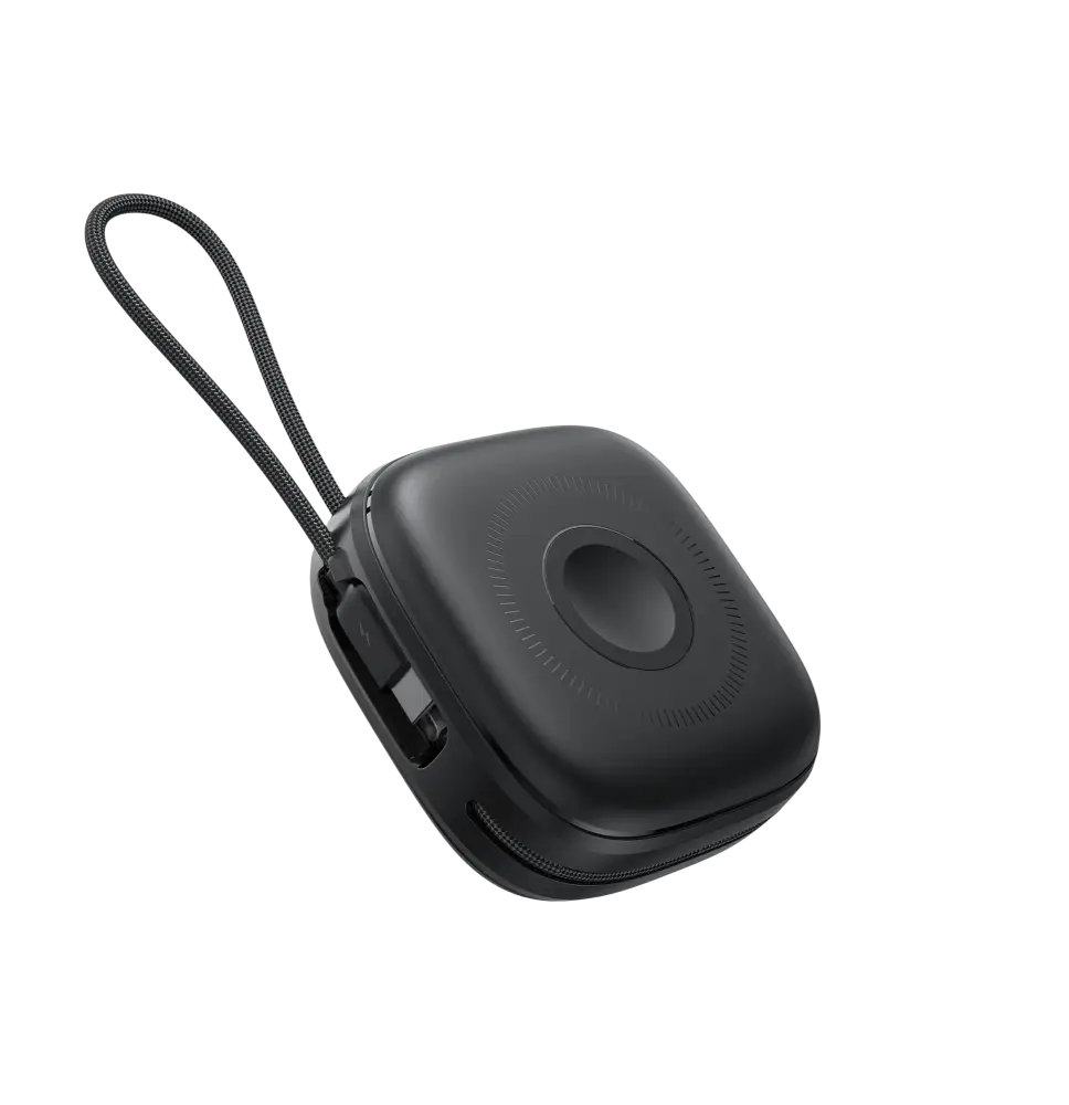 magnetische powerbank 10000 mAh met een sleek zwart ontwerp en een handig lusje voor draagbaarheid.