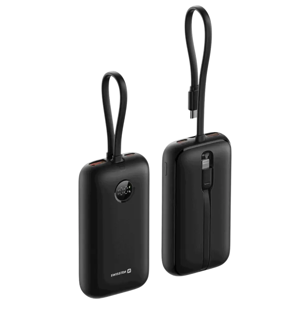 Afbeelding van de Swissten VoltBox powerbank 10.000 mAh met ingebouwde kabels voor gemakkelijk opladen.
