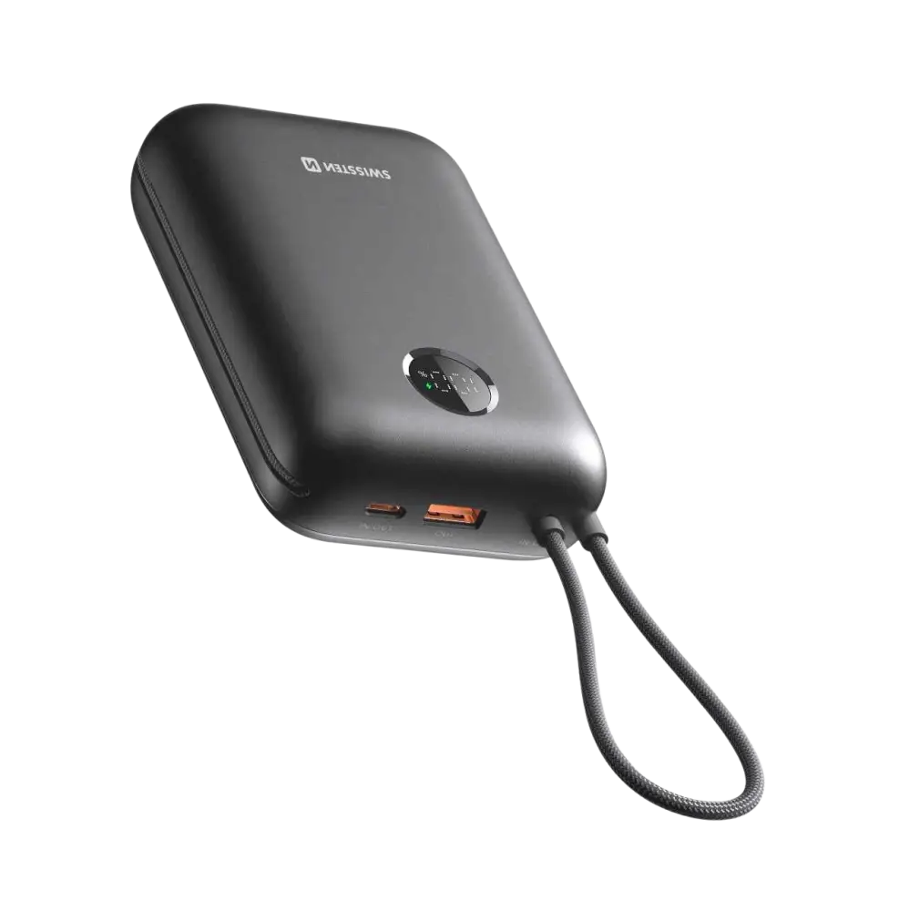 Swissten VoltBox powerbank 30.000 mAh met ingebouwde kabels, krachtige en compacte powerbank in zwart.