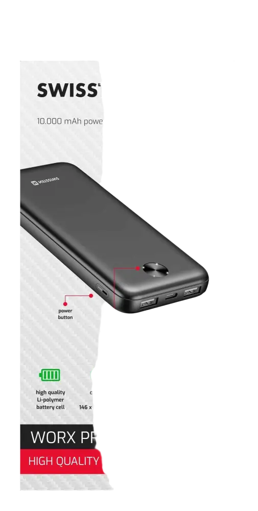 Swissten Worx Pro Powerbank 10.000 mAh – Zwart