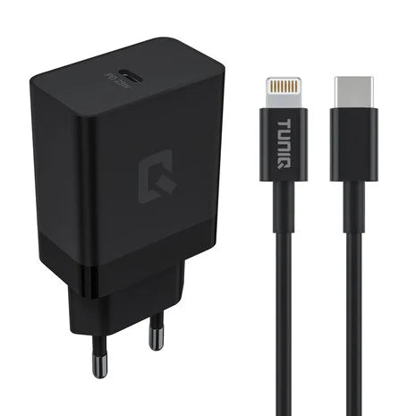 TUNIQ 25W snellader met Lightning naar USB-C kabel in zwart met USB-C aansluiting