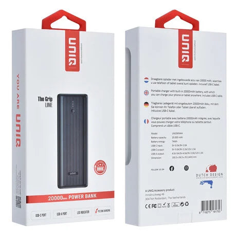 UNIQ Accessory Powerbank 20000 mAh - magsafe - stand - 30cm Kabel - USB-C & USB-A ports - Zwart