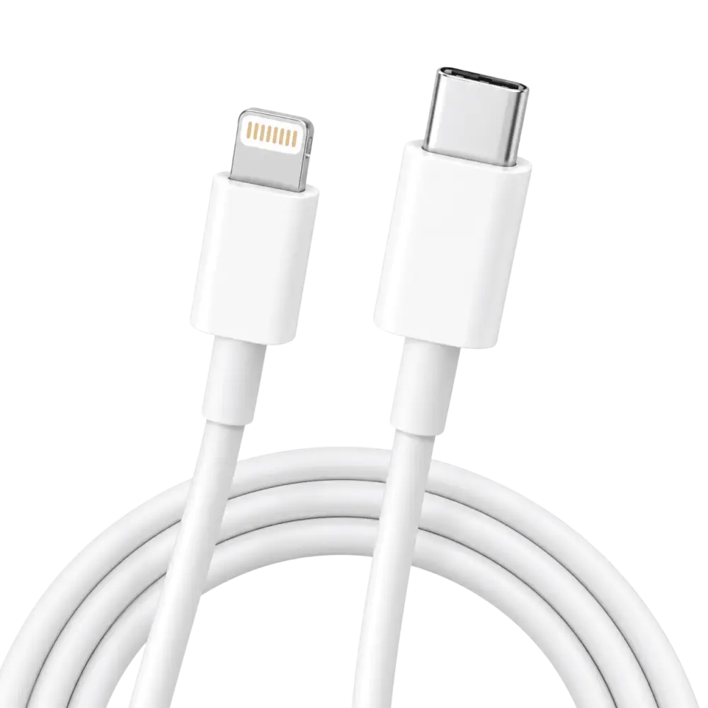 USB-C naar Lightning snelladen kabel 1m met witte uiteinden voor opladen en dataoverdracht.