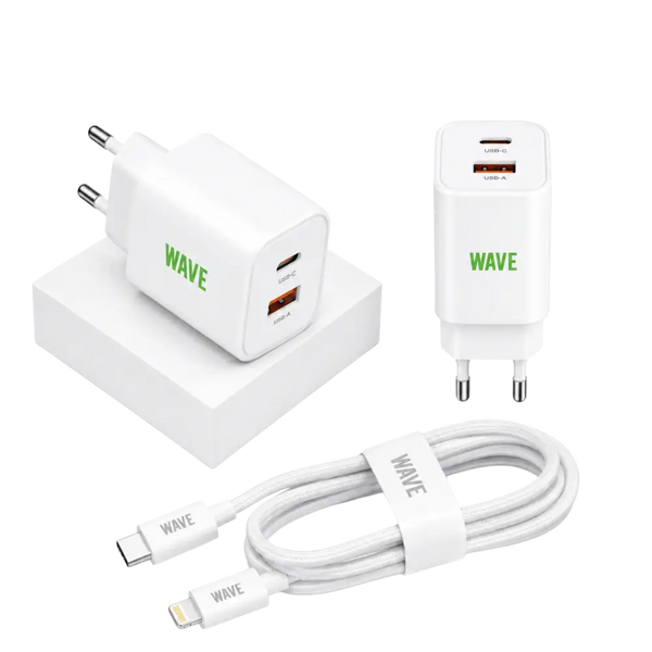 Wave WA-100-10 Travel Charger Dual USB-C 35W + PD Kabel 1M – Wit - Bundel Oplader