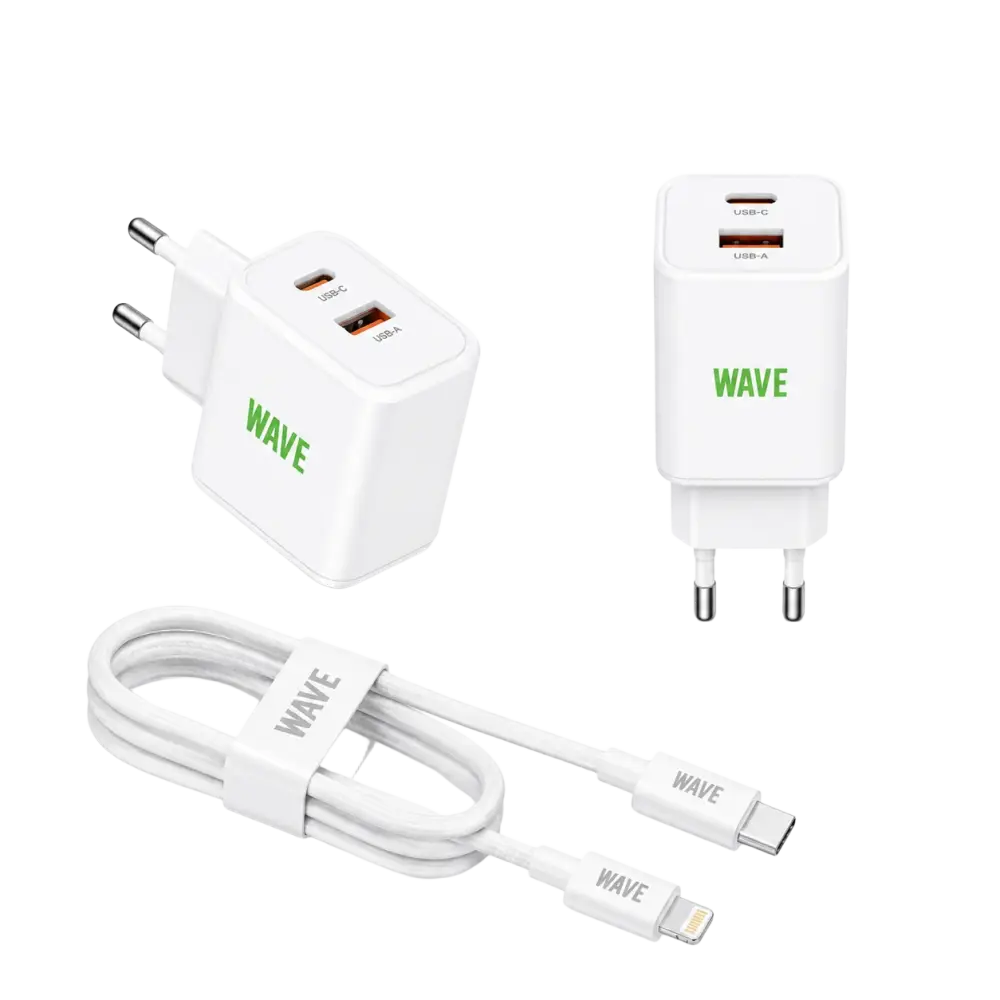 Wave WA-100-10 Travel Charger Dual USB-C 35W + PD Kabel 1M – Wit - Bundel Oplader