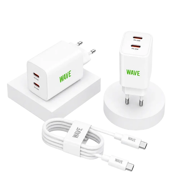Wave WA-100-20 Travel Charger Dual USB-C 35W + Kabel – Zwart - Bundel Oplader