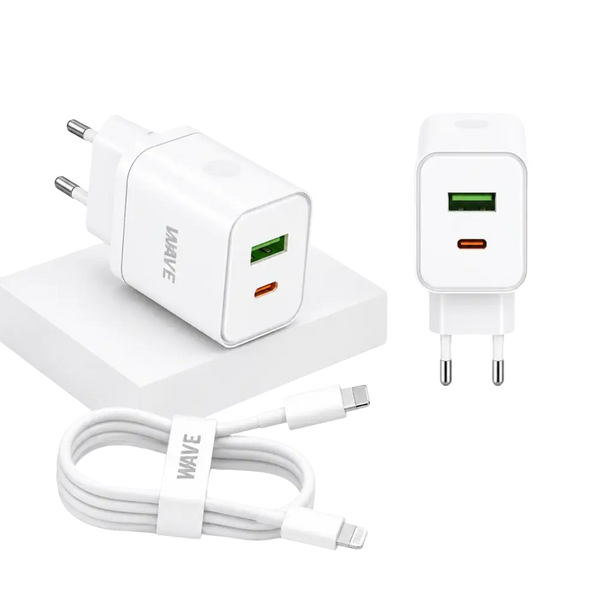 Wave WA-166-10 Travel Fast Charger USB-A & USB-C 20W + naar Lightning Kabel 1M – Wit - Bundel Oplader