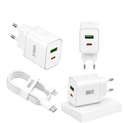 Wave WA-166-10 Travel Fast Charger USB-A & USB-C 20W + naar Lightning Kabel 1M – Wit - Bundel Oplader