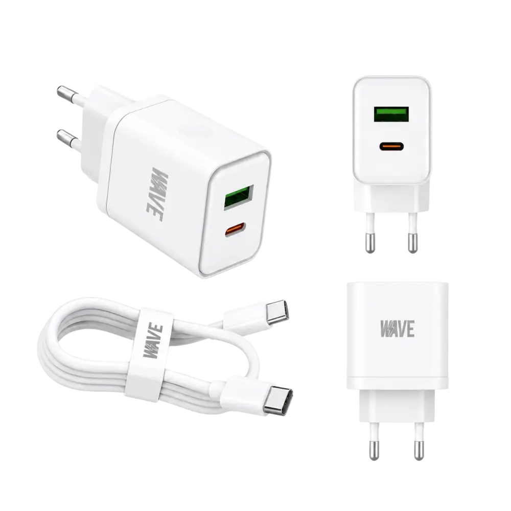 Wave WA-166-20 Travel Fast Charger USB-A & USB-C 20W + naar Kabel 1M – Wit - Bundel Oplader