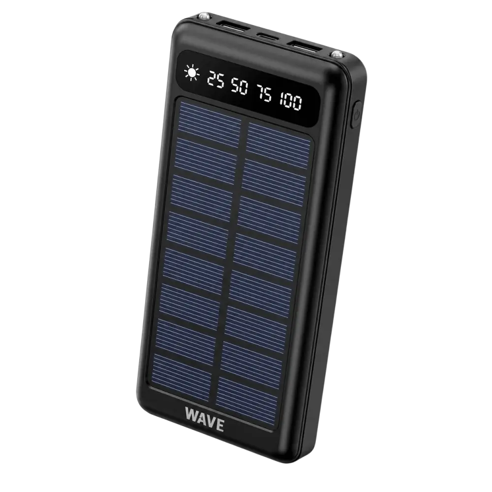 Wave WA-89 solar powerbank met USB-C en LED-display, zwart met zonnepaneel, 10.000 mAh capaciteit