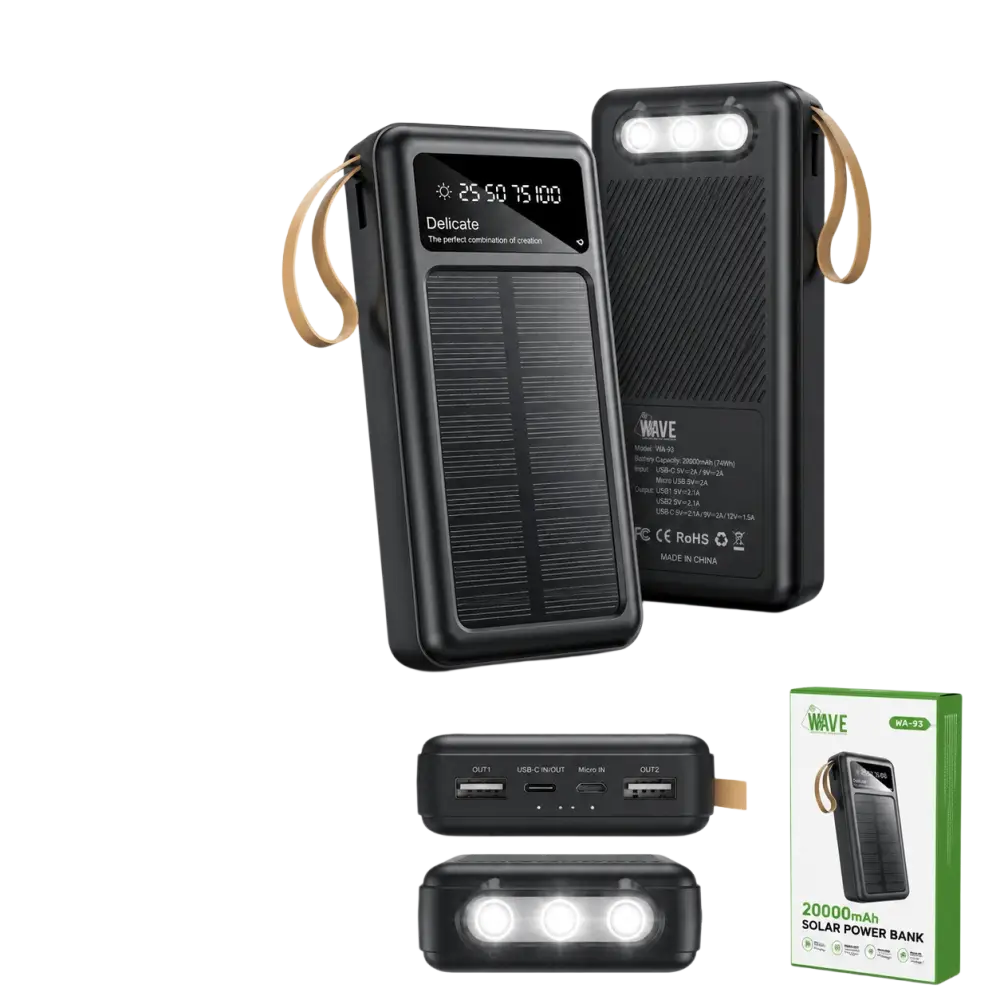 Wave WA-93 Solar Powerbank 20000mAh – Zwart Dual USB USB-C & LED Zaklamp