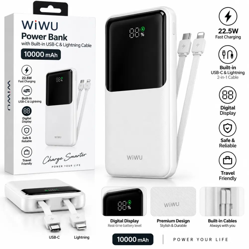 WiWU Powerbank 10.000 mAh met 2-in-1 Kabel en Digitaal Display – Wit
