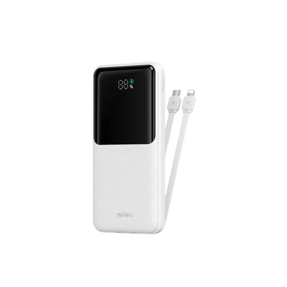 WiWU Powerbank 10.000 mAh met 2-in-1 Kabel en Digitaal Display – Wit