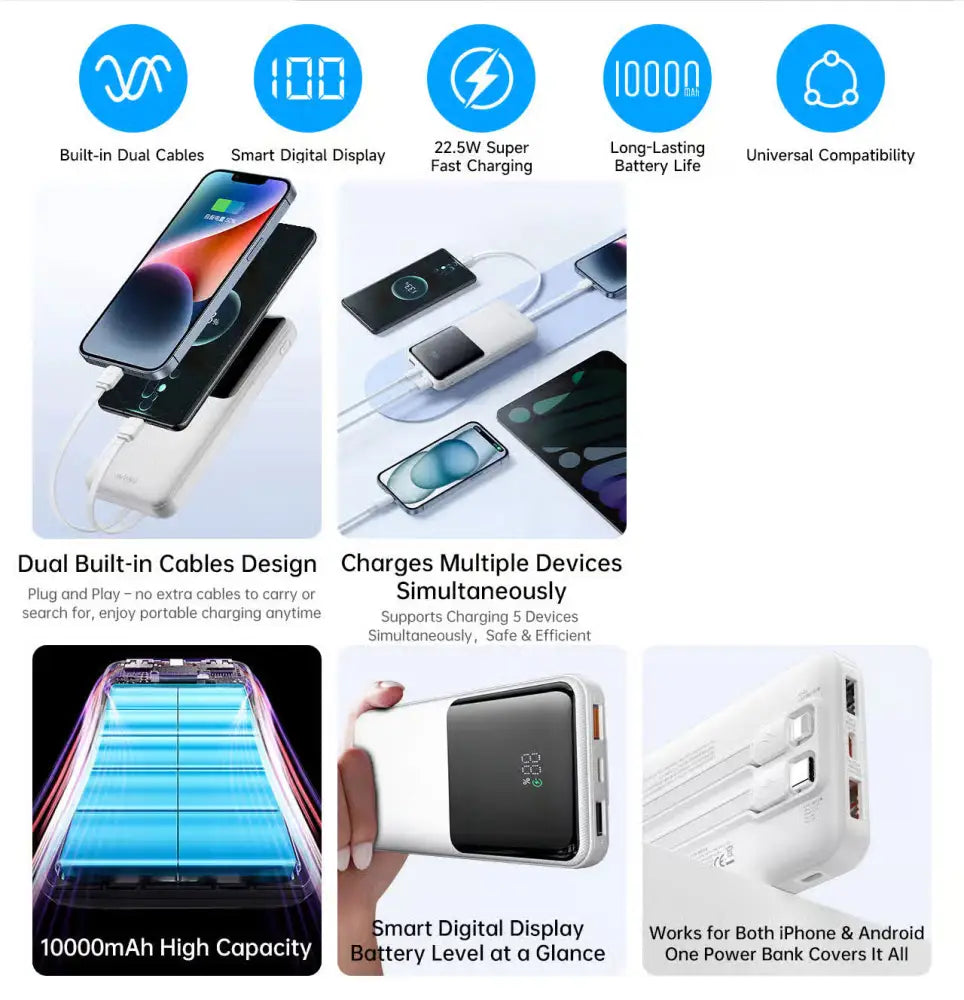 WiWU Powerbank 10.000 mAh met 2-in-1 Kabel en Digitaal Display – Wit