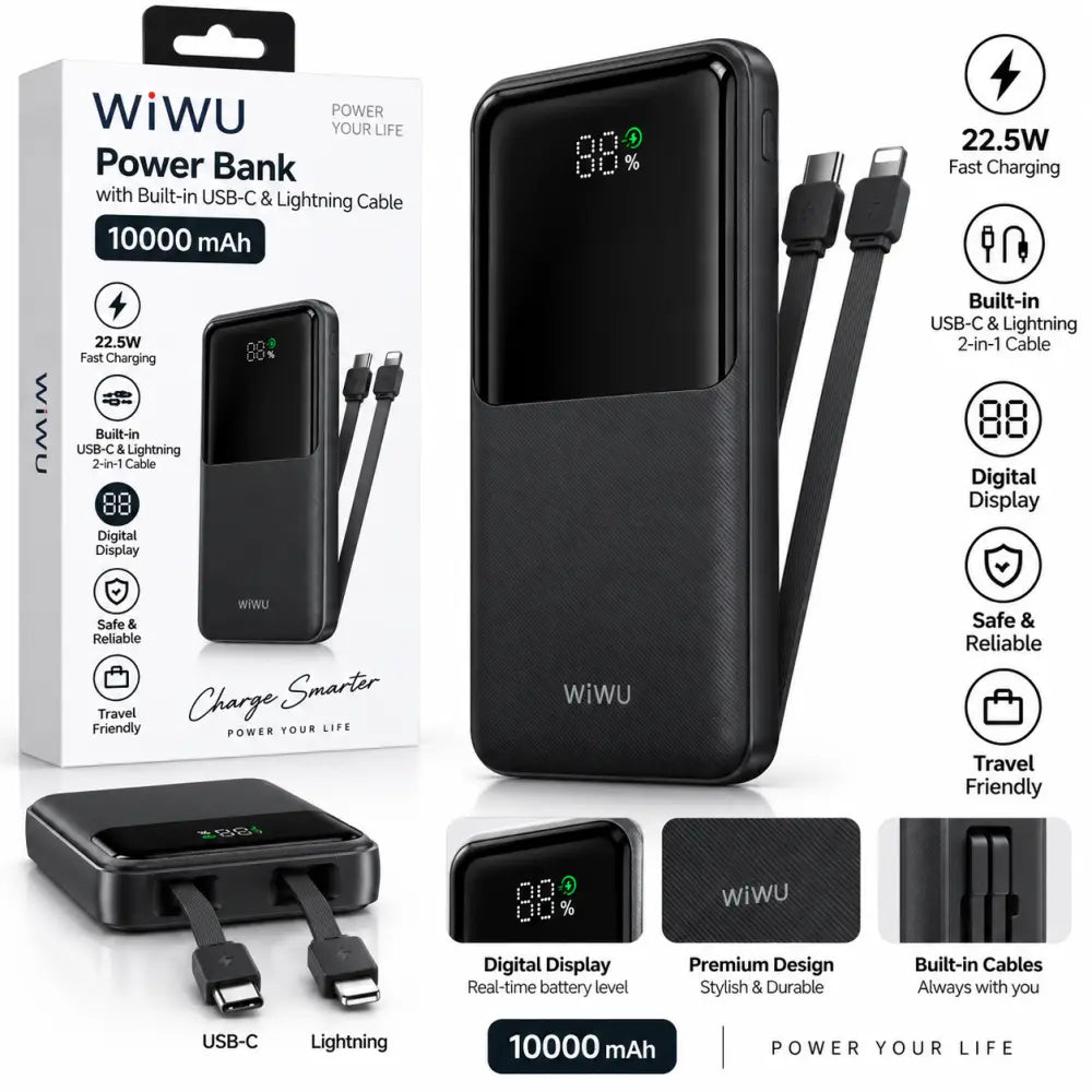 WiWU Powerbank 10.000 mAh met 2-in-1 Kabel en Digitaal Display – Zwart