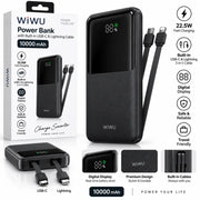 WiWU Powerbank 10.000 mAh met 2-in-1 Kabel en Digitaal Display – Zwart