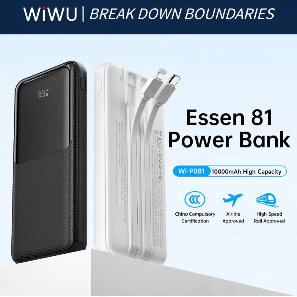 WiWU Powerbank 10.000 mAh met 2-in-1 Kabel en Digitaal Display – Zwart