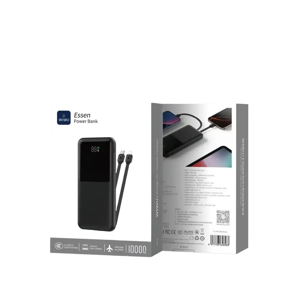 WiWU Powerbank 10.000 mAh met 2-in-1 Kabel en Digitaal Display – Zwart