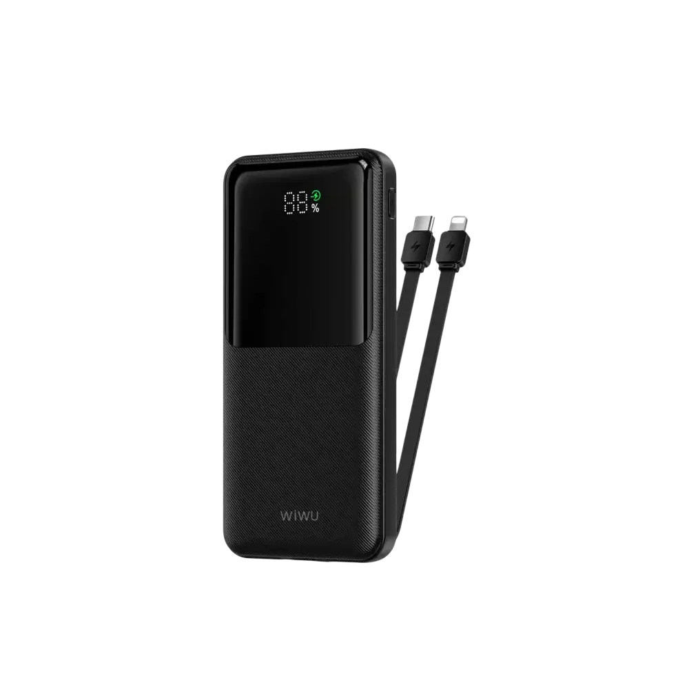 WiWU powerbank 10000 mAh met ingebouwde kabel, zwart met digitaal display en dubbele kabels.
