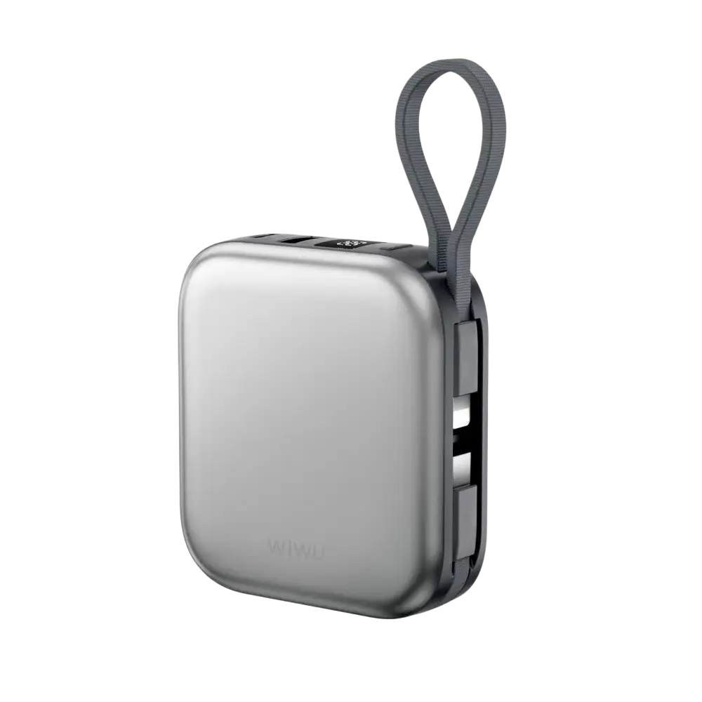 WiWU draadloze powerbank 10000 mAh in grijs met veelzijdige oplaadmogelijkheden en compacte vormgeving.