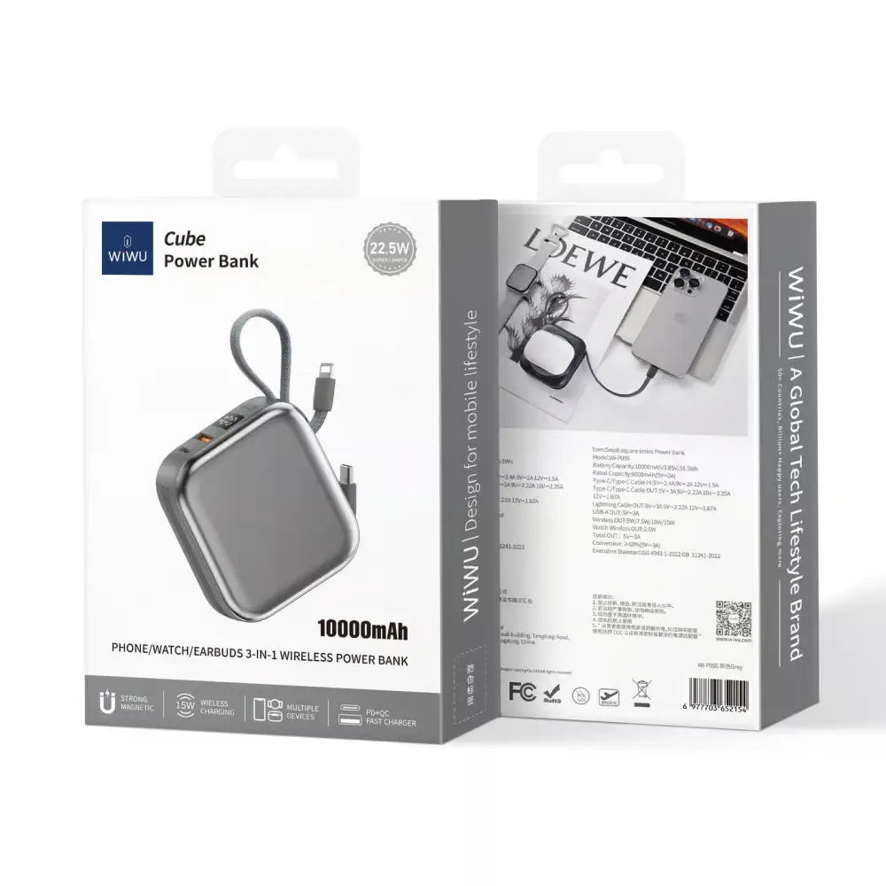 WiWU Powerbank 10.000 mAh met 2-in-1 Kabel en Draadloos Laden – Grijs