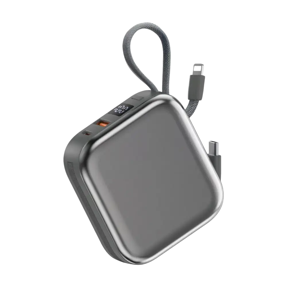 WiWU draadloze powerbank 10000 mAh met 2-in-1 kabel, grijs, voor eenvoudig opladen op meerdere manieren.