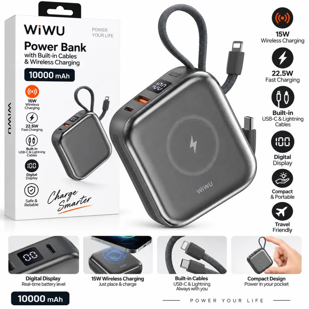 WiWU Powerbank 10.000 mAh met 2-in-1 Kabel en Draadloos Laden – Grijs