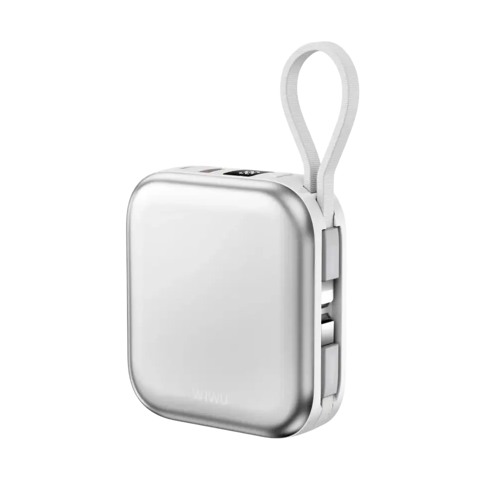 WiWU Powerbank 10.000 mAh met 2-in-1 Kabel en Draadloos Laden – Wit