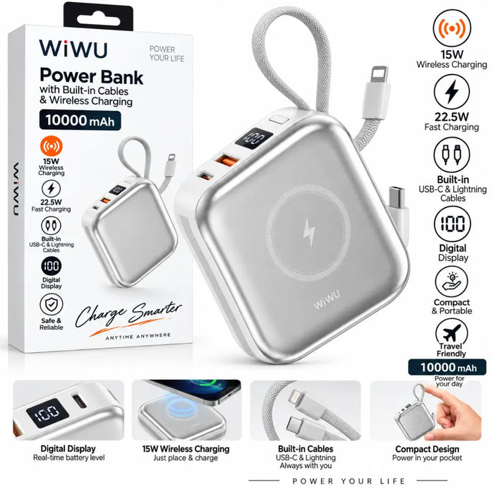 WiWU Powerbank 10.000 mAh met 2-in-1 Kabel en Draadloos Laden – Wit