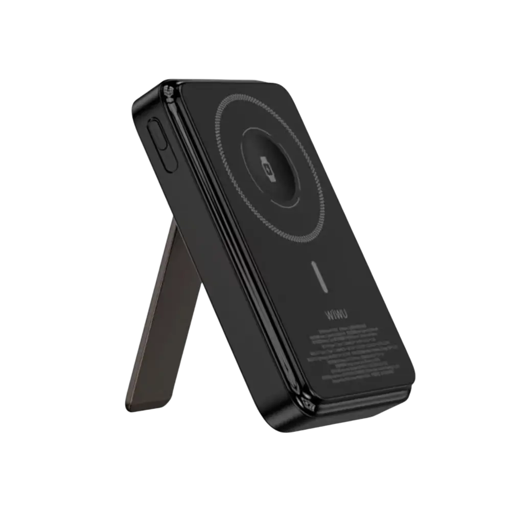 WiWU powerbank met kickstand 10000 mAh in zwart met uitklapbare steun voor handsfree opladen